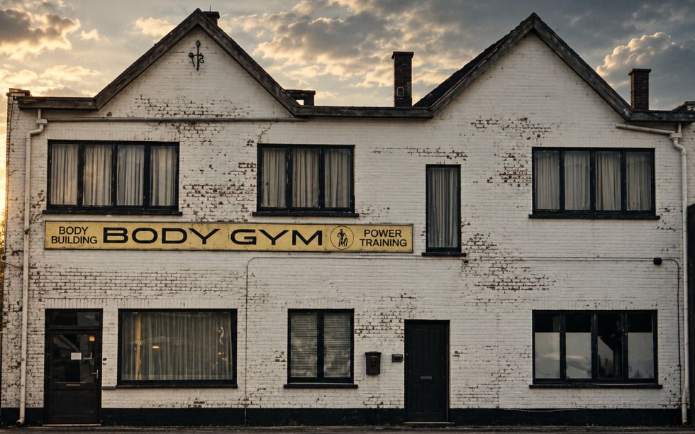 Reconstruction stylisée de la façade de BodyGym : bâtiment de briques blanchies, enseigne Body Building, Body Gym, Power Training au-dessus du rez-de-chaussée