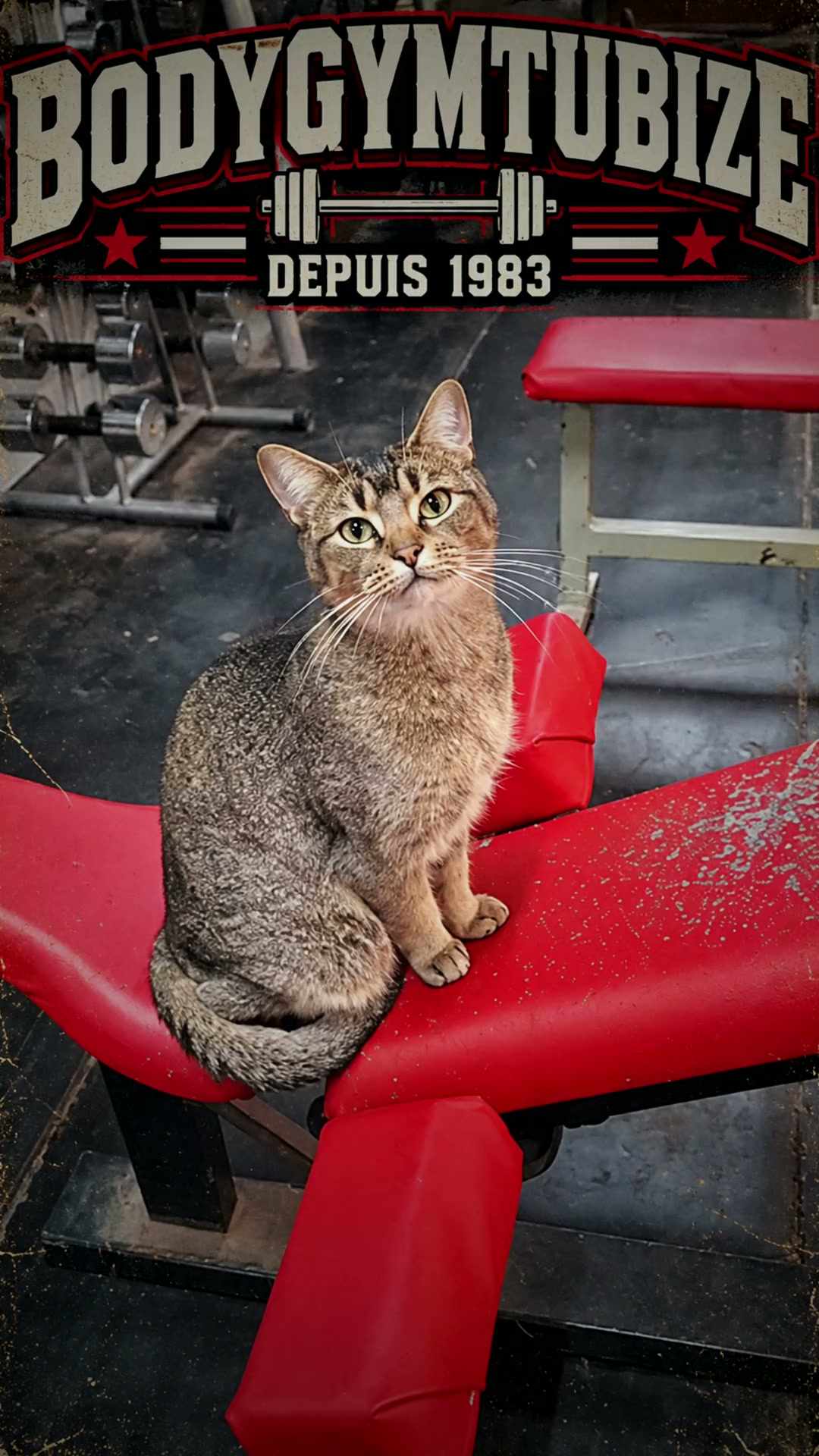 Le chat de BodyGym assis sur un banc rouge, sous le titre BodyGym Tubize, depuis 1983
